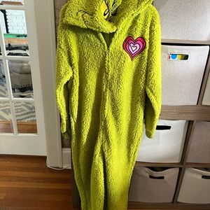 Adult small Dr. Seuss Bright Green Hooded Onesie with Heart